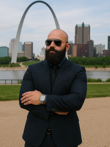 Bearded Man with Gateway Arch View